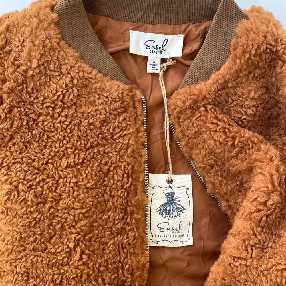 Easel Los Angeles Schnauzer Embroidered Teddy Bomber Jacket Camel, Size S NWT - Picture 7 of 12